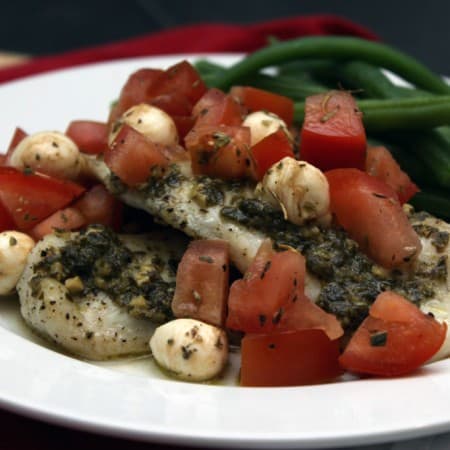 Caprese Tilapia: fish with tomatoes, mozzarella, and pestp