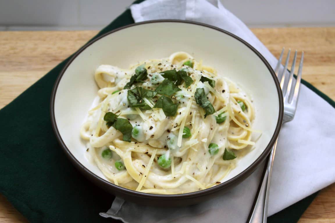 Fettucini with Creamy Cauliflower Sauce and Peas