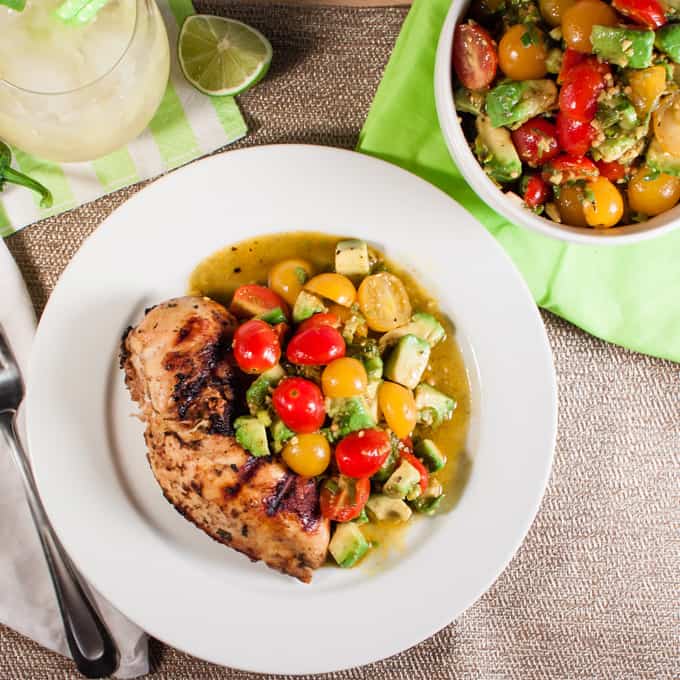 Grilled Cilantro Chicken with Pickled Tomato and Avocado Salsa