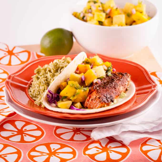 Blackened Salmon Tacos with Pinapple Mango Salsa