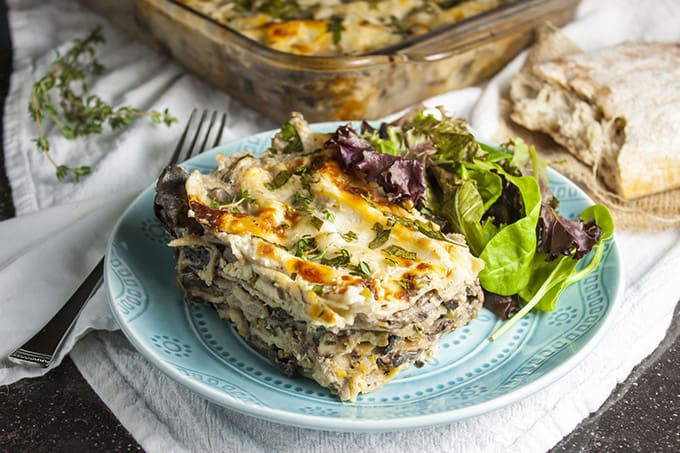 Skinny Creamy Mushroom Leek Lasagna