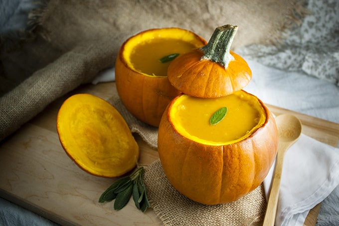 Pumpkin soup in pumpkin bowls