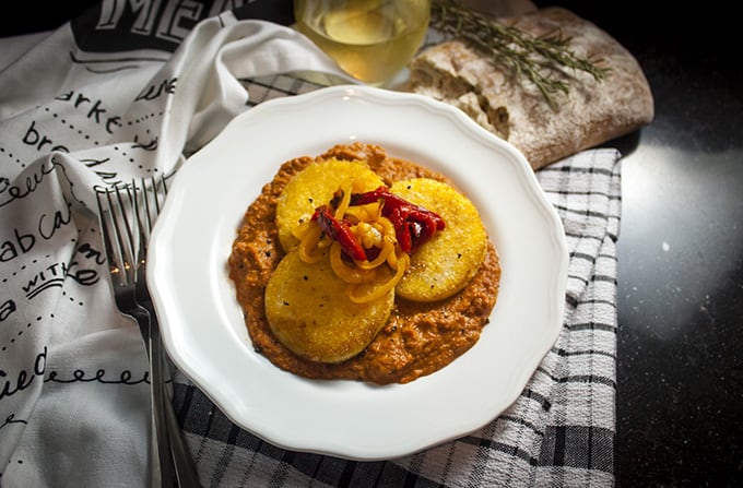 Polenta Rounds with Roasted Red Pepper and Pepperoni Sauce