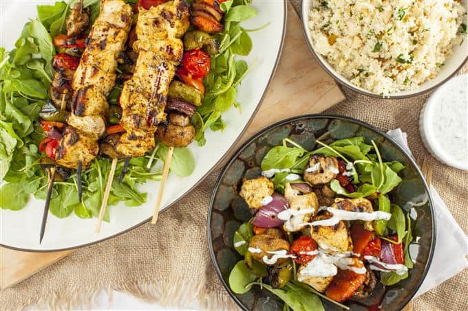 Grilled Moroccan Chicken and Vegetable Skewers<br /> with Yogurt Dill Sauce
