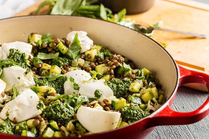 Warm Lentil Salad with Burrata and Basil Vinaigrette